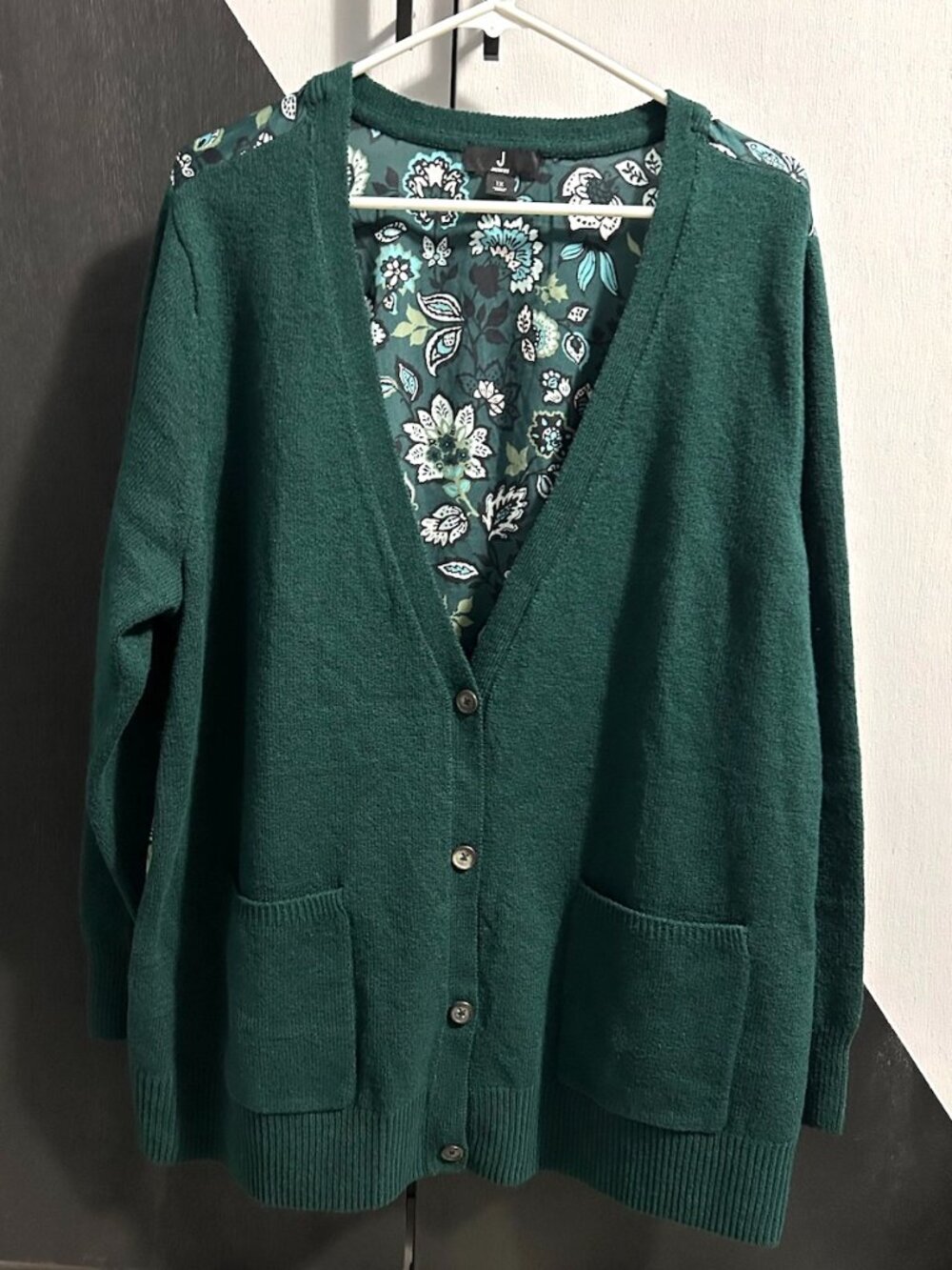 J Jason Wu Dark Green Mixed Media Cardigan Sweater Floral Back Women's 1X